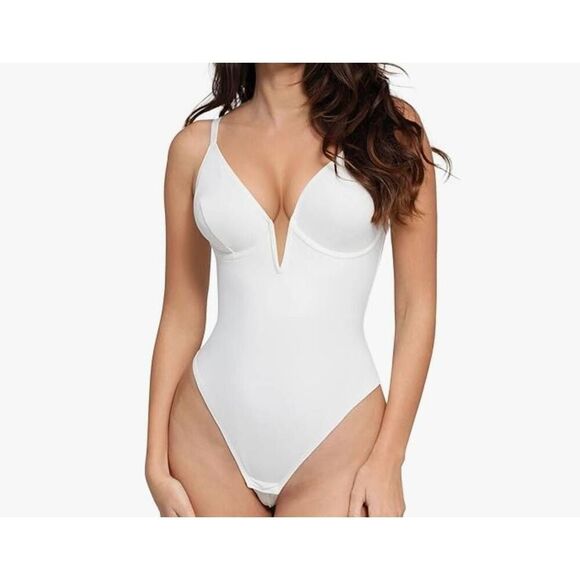 Popilush Size M White Bodysuit Tummy Control Shapewear Body Shaper Deep V Corset - Picture 1 of 8